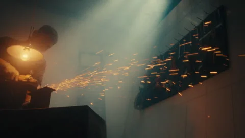 Angle grinder spraying sparks across workshop wall with hanging tools Stock Footage 331697227