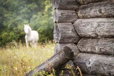 The angle of the old log house Stock Photos