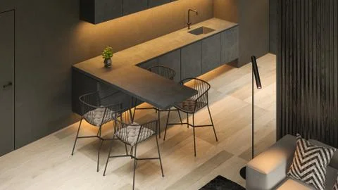 Angle view black minimalist Interior of modern living room 3D rendering Stock Illustration