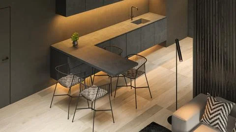 Angle view black minimalist Interior of modern living room 3D rendering Stock Illustration