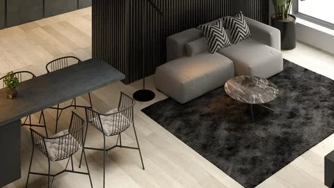 Angle view black minimalist Interior of modern living room 3D rendering Stock Illustration
