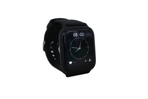 Angle view of a black smartwatch with a rectangular touchscreen displaying .. Stock Photos