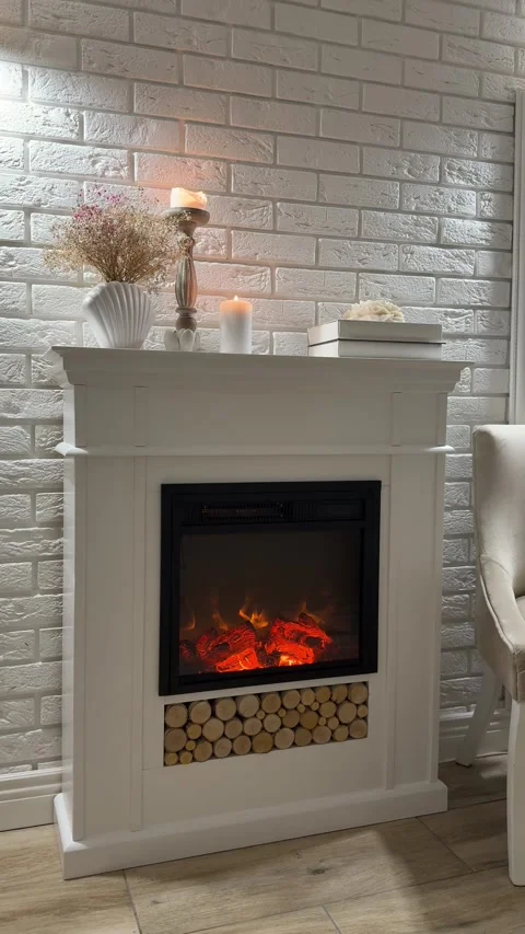 Angle view of handmade spruce fireplace with burning fire and candles on mantel Stock Footage 346084455