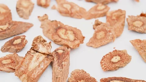 Angle view herb DangShenPian or Codonopsis Radix or Pilose Asiabell Root slic Stock Footage 186272101