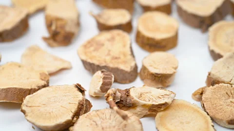 Angle view herb KuShen or Sophorae Flavescentis Radix or Lightyellow Sophra R Stock Footage 155841726