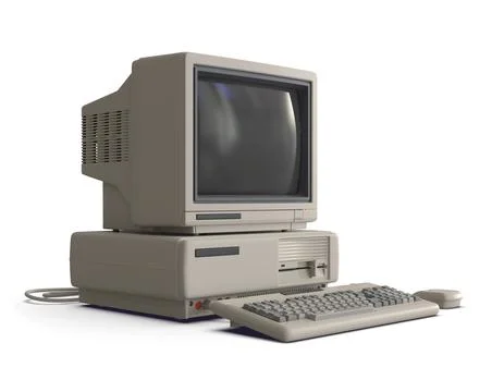 Angle View of an Old Desktop PC with Floppy Drive, Keyboard and Mouse Isolate Stock Illustration