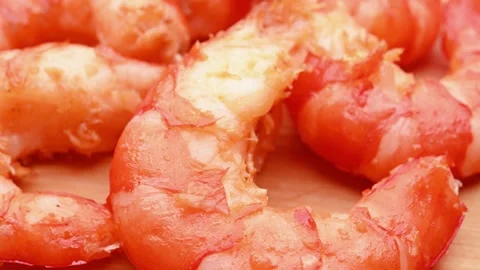 Angle view peeled prawns rotating at horizontal composition Video stock 258348440