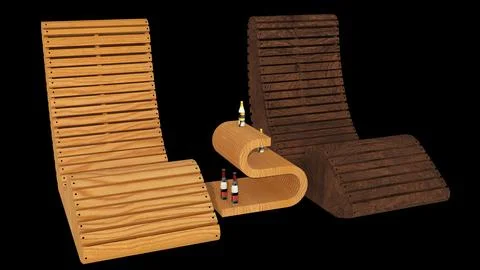 Angled 3D Render of Contrasting Wood Slatted Lounge Chairs Stock Illustration