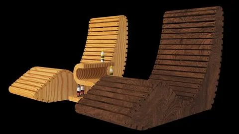 Angled 3D Render of Contrasting Wood Slatted Lounge Chairs Stock Illustration