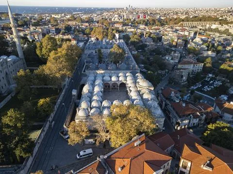 Angled Aerial View of Tabhane Building at Sunrise Stock Photos