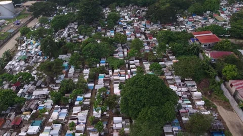 Angled Backward Flight Above Dense Cemetery Puerto Princesa Stock Footage 332961422
