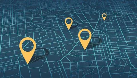 Angled blue city map layout featuring yellow location pins with shadows. Vector Stock-Illustration