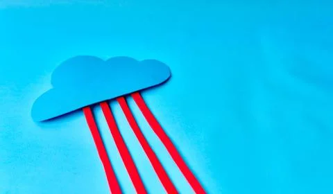 Angled blue cloud with red data streams on blue background for cloud technology Stock Photos