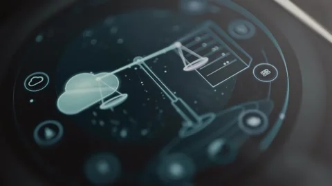 Angled circular display shows a cyan cloud and a pale server rack resting Stock Footage 343376049