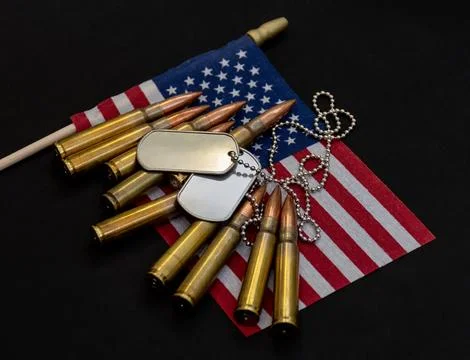 Angled composition of silver dog tags and rifle cartridges resting on a small Foto stock
