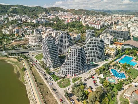 Angled Drone View of Lake View Residences and Aquadrom Tirana Stock Photos