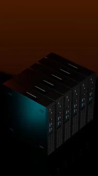 Angled ISP server cluster with orange and blue glow on black Stock Illustration