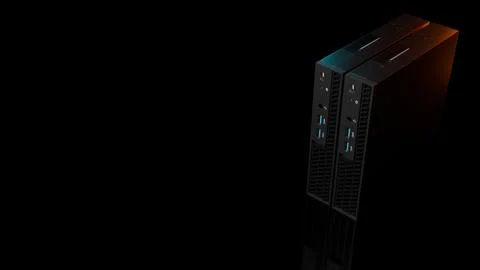 Angled ISP server computer with blue glow isolated on black background Stock Illustration