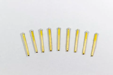 Angled orderly view of front 7 white match head covered matches Stock Photos
