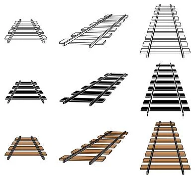 Angled Railroad or Train Tracks Clipart Set - Outline, Silhouette &amp; Color Stock Illustration