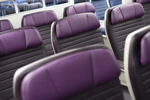 Angled rows of empty leather airplane seats. Stock Photos