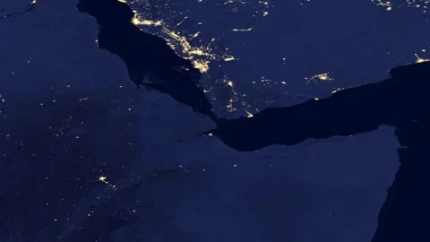Angled satellite view zoom into Bab-el-Mandeb Strait at night Stock-Footage 337139351