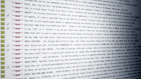 Angled shot: an email inbox, full of spam mail (unsolicited messages, Stock Footage 130008929