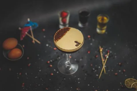 Angled Side View of Espresso Martini - Bold Coffee Meets Sophisticated Cocktail Stock Photos