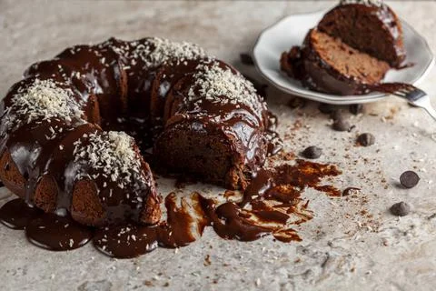 Angled side view of a gourmet round chocolate cake with coconut shreds Stock Photos