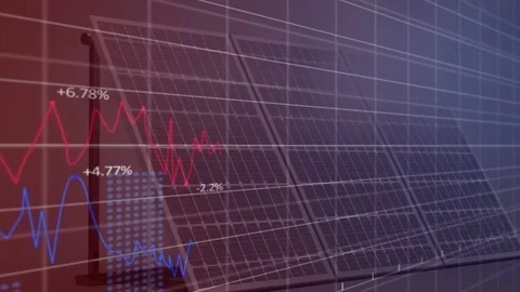Angled solar array staying static while grid fading in starting charts moving Stock-Footage 333967811