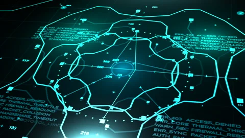 Angled Teal Coloured Digital Tech HUD with System Status Alerts Stock Footage 333179022
