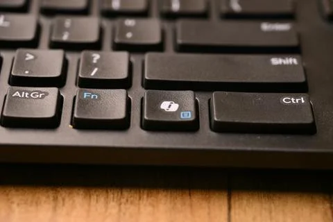 Angled Top View Macro Close-Up Black Computer Keyboard Highlighting Menu Ke.. 스톡 사진