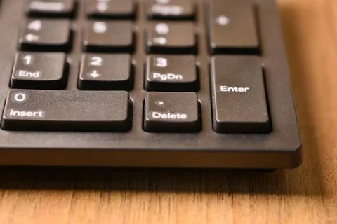 Angled Top View Macro Close-Up Black Computer Keyboard Highlighting Delete .. Stock Photos