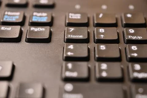 Angled Top View Macro Close-Up Black Computer Keyboard Highlighting Number .. Stock-Fotos