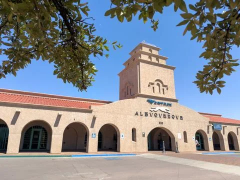 Angled view of Albuquerque station tower and red tile roof Stock Photos