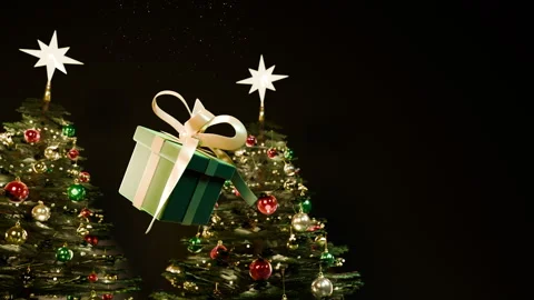 Angled View of Floating Christmas Gift Beside Pine Trees, 4K Vidéo 347572086