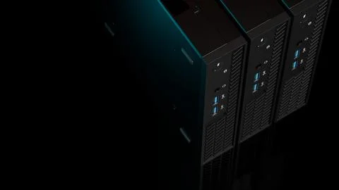 Angled view of ISP server towers with orange glow on black background Stock Illustration