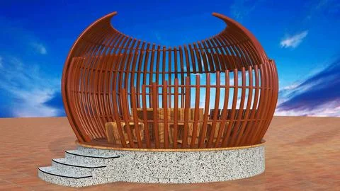 Angled View Modern Spherical Wooden Gazebo with Dining Set 3D Render Stock Illustration