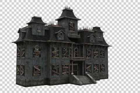 Angled view of spooky deserted old mansion house. 3D illustration isolated. Stock Illustration