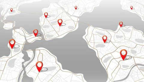 Angled view of town roads and water channels with 3D location pins. GPS route 스톡 일러스트
