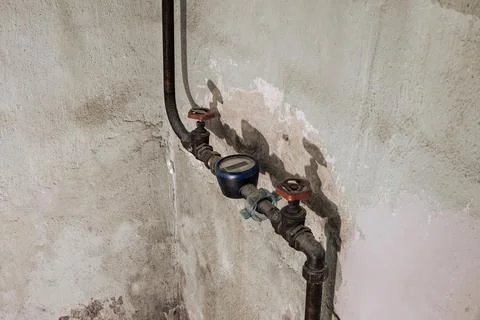 Angled view of water meter and shutoff valves on basement wall Stock Photos