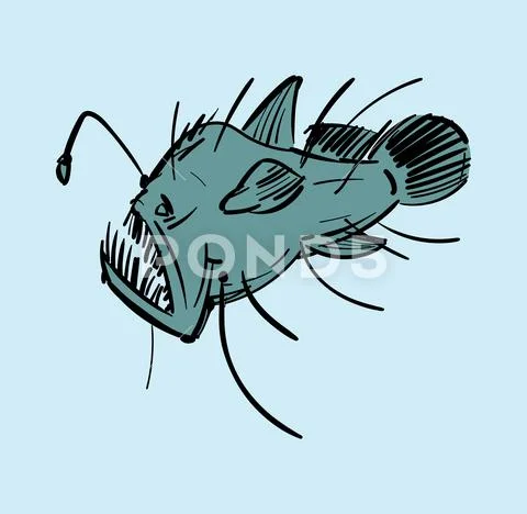 Angler Deep sea fish hand drawing. Vector illustration: Graphic #168259361