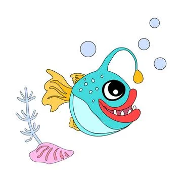 Angler fish with shells, bubbles and algae in the ocean. For posters, print.. Illustrazione stock