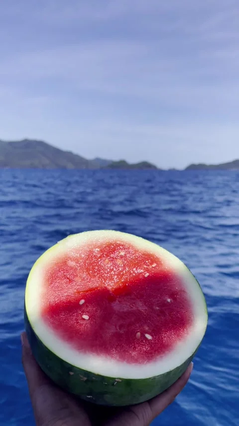 The angler is resting while eating watermelon. Vacation, and holiday concept. 스톡 동영상 282760420