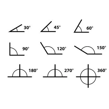 Angles icons set on white background. 30, 45, 60, 90, 120, 150, 180, 270,360 Ilustración de archivo