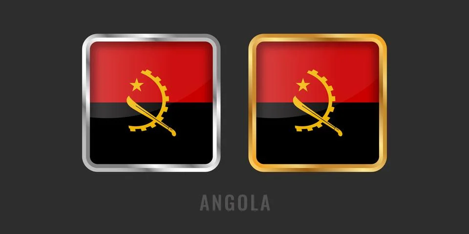 Angola Flag 3D Square Button Gold and Silver Border Icon Set Stock Illustration