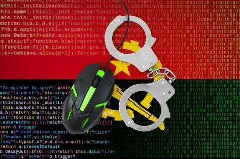 Angola flag  and handcuffed computer mouse. Combating computer crime, hackers Stock-Fotos