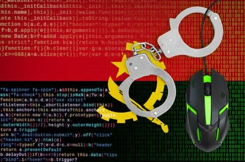 Angola flag  and handcuffed computer mouse. Combating computer crime, hackers Stock-Fotos