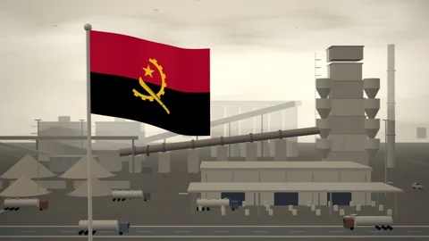 Angola Flag Flying Over Cement Works Rotary Kiln seamless loop Stock Footage 345376689