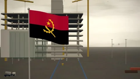 Angola Flag Flying Over Construction Site Tower Cranes seamless loop Stock Footage 345377071